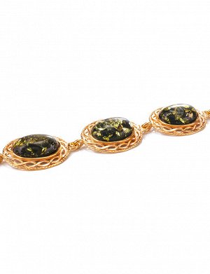 Яркий позолоченный браслет с натуральным янтарём зелёного цвета «Вавилон», 912605209