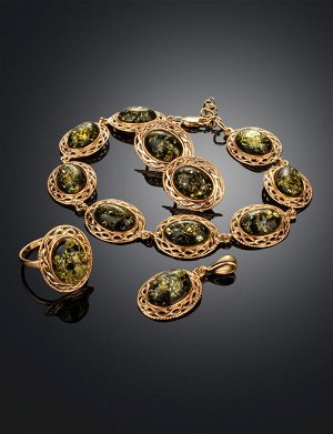 Яркий позолоченный браслет с натуральным янтарём зелёного цвета «Вавилон», 912605209
