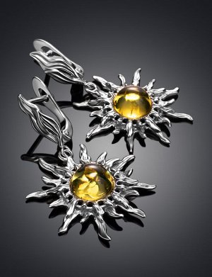 Благородные серьги «Гелиос» из серебра со вставкой лимонного янтаря, 5065210253