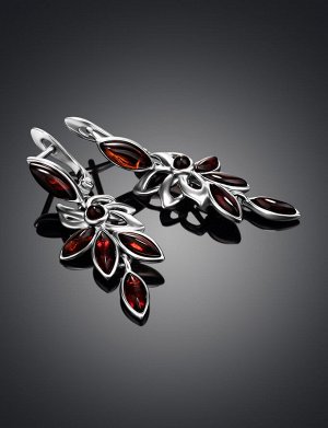 Серьги с натуральным янтарем вишневого цвета в изысканном серебряном обрамлении «Черёмуха», 5065211289