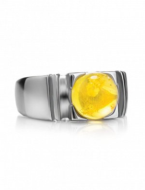 Стильное серебряное кольцо с круглой вставкой из натурального янтаря яркого лимонного цвета «Рондо»