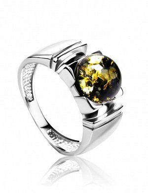 Стильное серебряное кольцо с круглой вставкой из натурального сверкающего зеленого янтаря «Рондо»