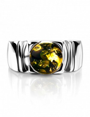 Стильное серебряное кольцо с круглой вставкой из натурального сверкающего зеленого янтаря «Рондо»