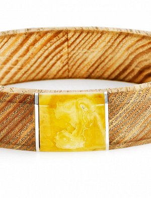 Стильный браслет-бэнгл из дерева, натурального балтийского янтаря и серебра «Индонезия», 905111061