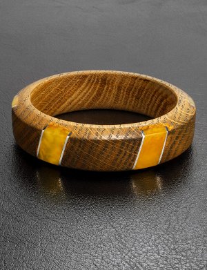 Браслет-кольцо из дерева, натурального медового янтаря и серебра «Индонезия», 905111060