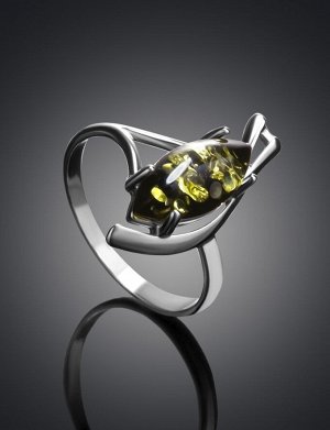 Легкое серебряное кольцо с вставкой из натурального сверкающего зеленого янтаря «Ирис»
