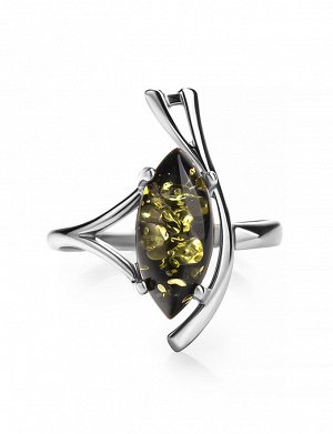 Легкое серебряное кольцо с вставкой из натурального сверкающего зеленого янтаря «Ирис»