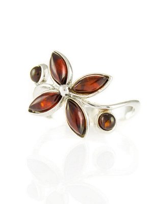 Изящное серебряное кольцо с янтарными вставками вишневого цвета «Лаванда», 506311255