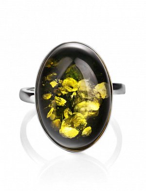 Кольцо «Годжи» из серебра натурального янтаря тёмно-зелёного цвета