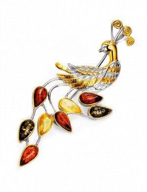 Красивая брошь с натуральным янтарём трёх цветов «Павлин»