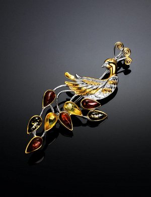 Красивая брошь из серебра с натуральным янтарём трёх цветов «Павлин», 907905234