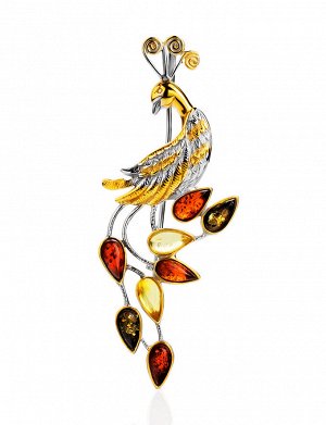 Красивая брошь из серебра с натуральным янтарём трёх цветов «Павлин»