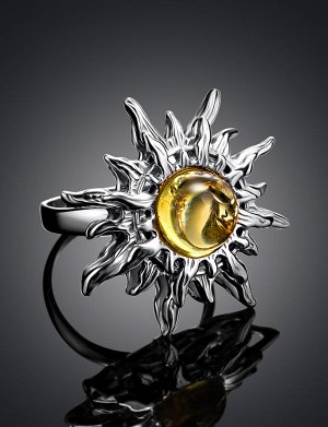Роскошное кольцо «Гелиос» из серебра со вставкой из золотистого янтаря, 506310256