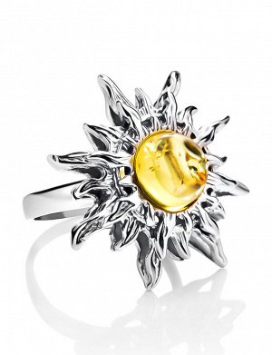 Роскошное кольцо «Гелиос» из серебра со вставкой из золотистого янтаря, 506310256