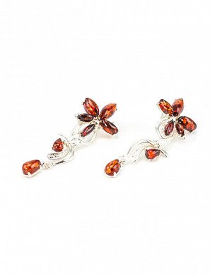 Длинные серьги с натуральным янтарем вишневого цвета в изысканном серебряном обрамлении «Барбарис», 5065211284