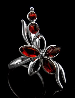 Серебряное кольцо с янтарными вставками вишневого цвета, собранными в изящное соцветие «Вербена», 506311149