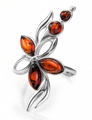 Серебряное кольцо с янтарными вставками вишневого цвета, собранными в изящное соцветие «Вербена», 506311149