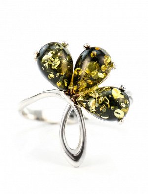 Нежное серебряное кольцо с лепестками из зелёного янтаря «Одуванчик», 606302389