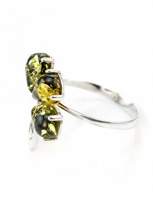 Нежное серебряное кольцо с лепестками из зелёного янтаря «Одуванчик», 606302389