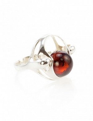 Стильное серебряное кольцо с круглой вставкой из натурального искрящегося вишневого янтаря «Орион», 6063202413