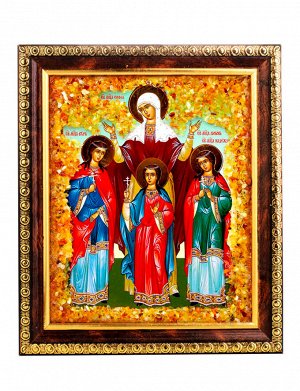 Украшенная натуральным янтарём икона «Святые великомученицы Вера, Надежда, Любовь и мать их София», 906904393