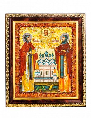 Икона, украшенная натуральным балтийским янтарём «Святые благоверные Пётр и Феврония Муромские», 906904421