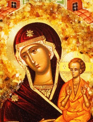 Икона Божией матери «Нечаянная радость» с натуральным янтарём, 906904394