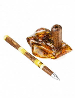 Ручка из натурального янтаря и дерева в настольной подставке из цельного янтаря, 910612017