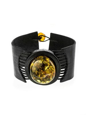 Стильный кожаный браслет с овальной вставкой из крупного лимонного янтаря «Амазонка», 5050211365