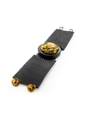 Стильный кожаный браслет с овальной вставкой из крупного лимонного янтаря «Амазонка», 5050211365