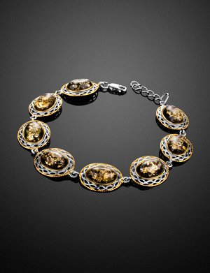 Нарядный браслет «Вавилон» и серебра с позолотой и натурального искрящегося янтаря, 907705091