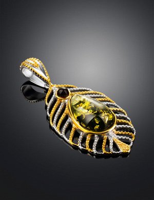 Ажурный кулон из позолоченного серебра и зелёного янтаря «Павлин», 901705076