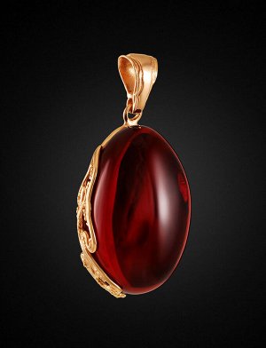 Эффектная позолоченная подвеска с натуральным янтарём красного цвета «Версаль», 910207727