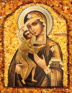Икона Богоматери «Фёдоровская», украшенная натуральным янтарём, 906904416