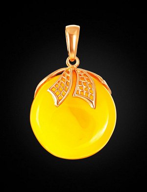 Очаровательный круглый кулон из натурального ярко-медового янтаря в золоченном серебре «Версаль», 910208494