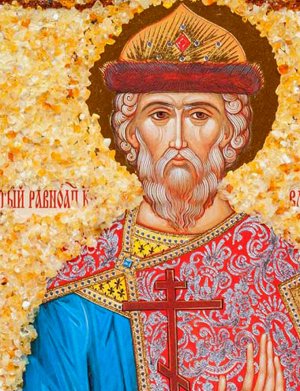 Икона, украшенная натуральным янтарём «Святой равноапостольный князь Владимир»