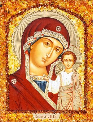 Икона Казанской Богоматери с натуральным янтарём, 906904391