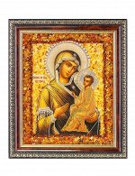 Икона Тихвинской Богоматери, украшенная натуральным янтарём