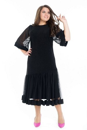 Платье с прозрачными рукавами с воланом черное