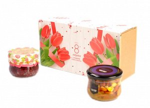 Подарочный набор С 8 марта Тюльпаны конфитюр малиновый, ассорти: миндаль, кешью, фундук в меду