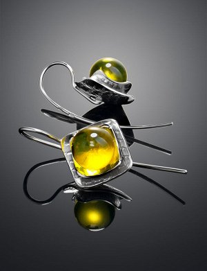 Стильные серьги-крючки «Голливуд» из серебра с натуральным янтарём лимонного цвета, 906512060