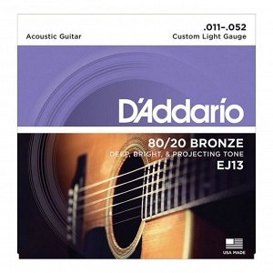 Струны для акустической гитары D`Addario EJ13 BRONZE 80/20  бронза Custom Light 11-52
