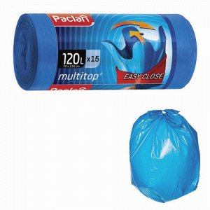 Мешки для мусора 120 л, с ушками, синие, в рулоне 15 шт., ПВД, 24 мкм, 70х118 см, PACLAN “Multitop“, 402045
