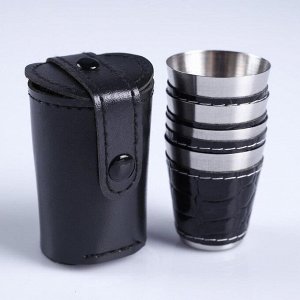 Набор стопок, 30 мл, 4 шт., 4x3.5 см, нержавеющая сталь, экокожа, чёрный