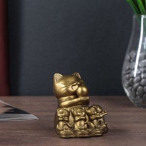 Нэцке полистоун бронза "Кот манэки-нэко с котятами" 7,5х6,5х7 см