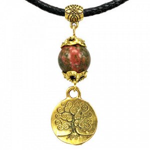 MKA003-1 Амулет Защита и развитие (дерево жизни) с натуральным камнем унакит, цвет золот.