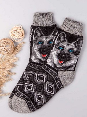 Носки шерстяные мужские, собака с голубыми глазами, темно-серый (размер универсальный)