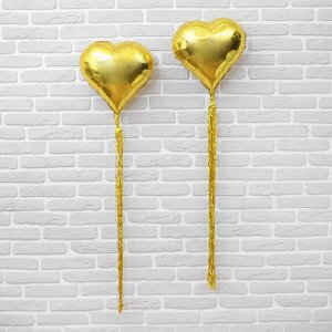 Шар фольгированный 18" "Сердце" с лентой из фольги, набор 2 шт., индивидуальная упаковка, цвет золотой