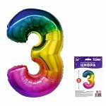317-34-3-RB-QX Шар-цифра, фольга, Радуга, &quot;Цифра 3&quot;, 86 см (Веселуха), инд. уп.