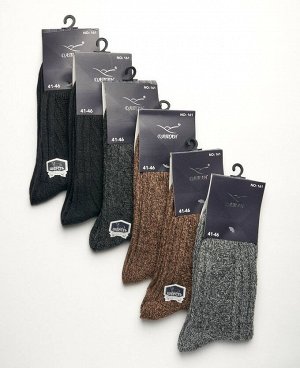 . Черный / Темно-серый / Синий / Серый / Кофейный;
  Мужские носки, упаковка 6 пар.

Мужские носки изготовлены из шерсти с добавлением нитей полиамида и эластана для придания лучшей эластичности, и